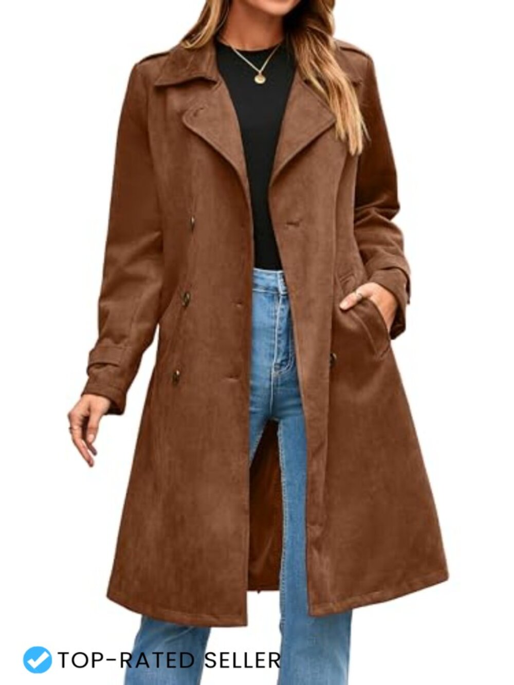 Faux Suede Long Trench Coat Double Breasted Belted Work Office